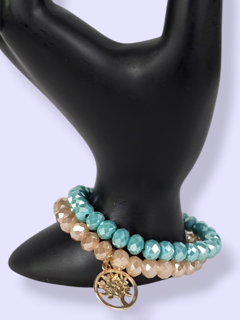 Set of 2 Peach & Teal Glass Crystal Stretch Bracelets